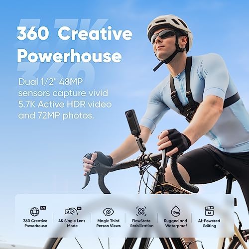 Insta360 X3-360 Action Camera with 5.7K 360 Active HDR Video, 4K Single-Lens Camera, Waterproof, FlowState Stabilization, 2.29" Touchscreen, AI Editing, for Motorcycle, Wintersports and Vlogging