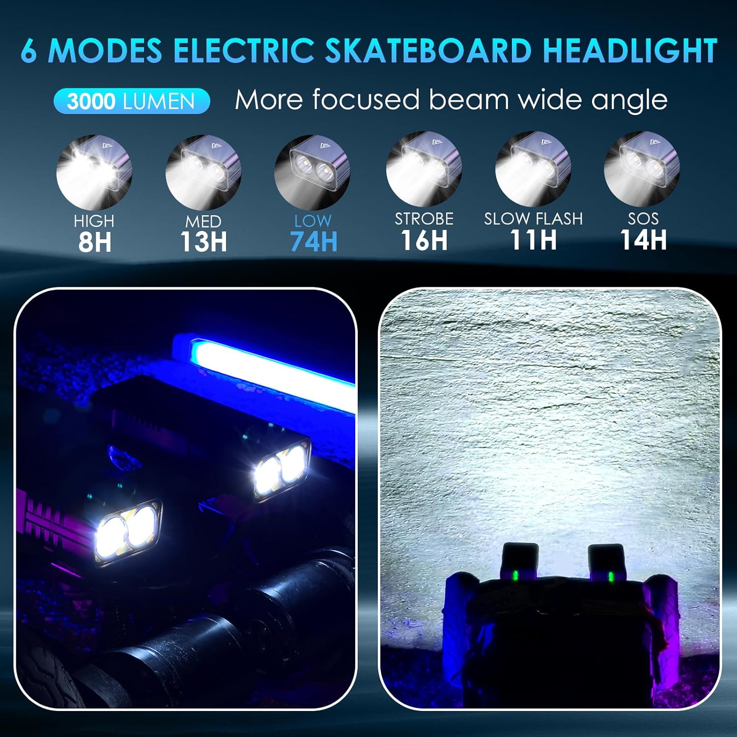 Electric Skateboard Light,3000 Lumen 6 Mede Bright Skateboard Lights,10000 Mah Battery Electric Longboard Lights,Quick-Release IP65 Longboard Lights, with Mounts Skateboards Light(1 Piece