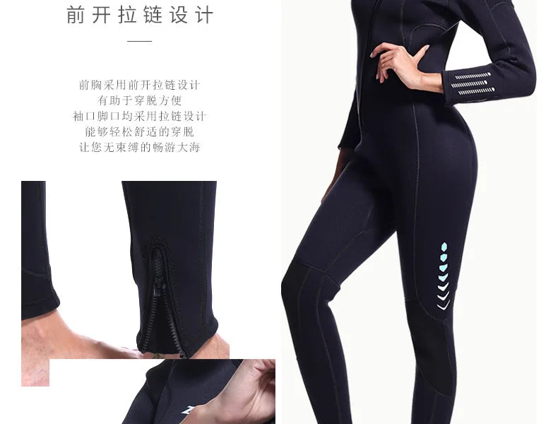 3mm Neoprene Wetsuit for Men and Women Full Wetsuit Front Zipper Snorkeling Scuba Diving Swimming Kayaking Kite Surfing