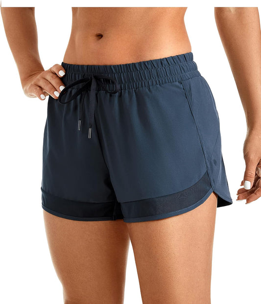 Women'S Mid Rise Running Shorts Mesh Liner 3'' - Quick Dry Drawstring Workout Athletic Gym Shorts Zip Pocket